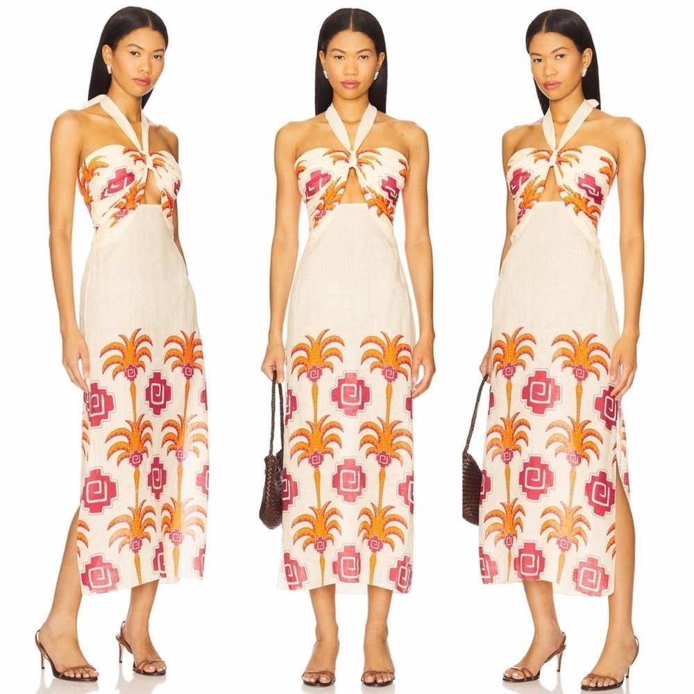 Johanna Ortiz- Water Adventure Ankle Dress Halter Size 4 Ecru, Orange, & Pink